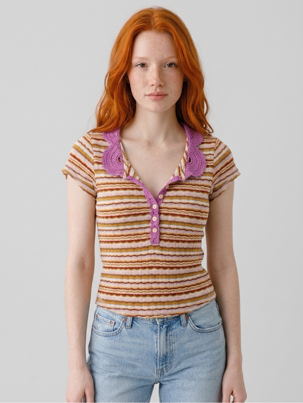 Free People Striped Crochet
Collar Henley Top Size S (0150)